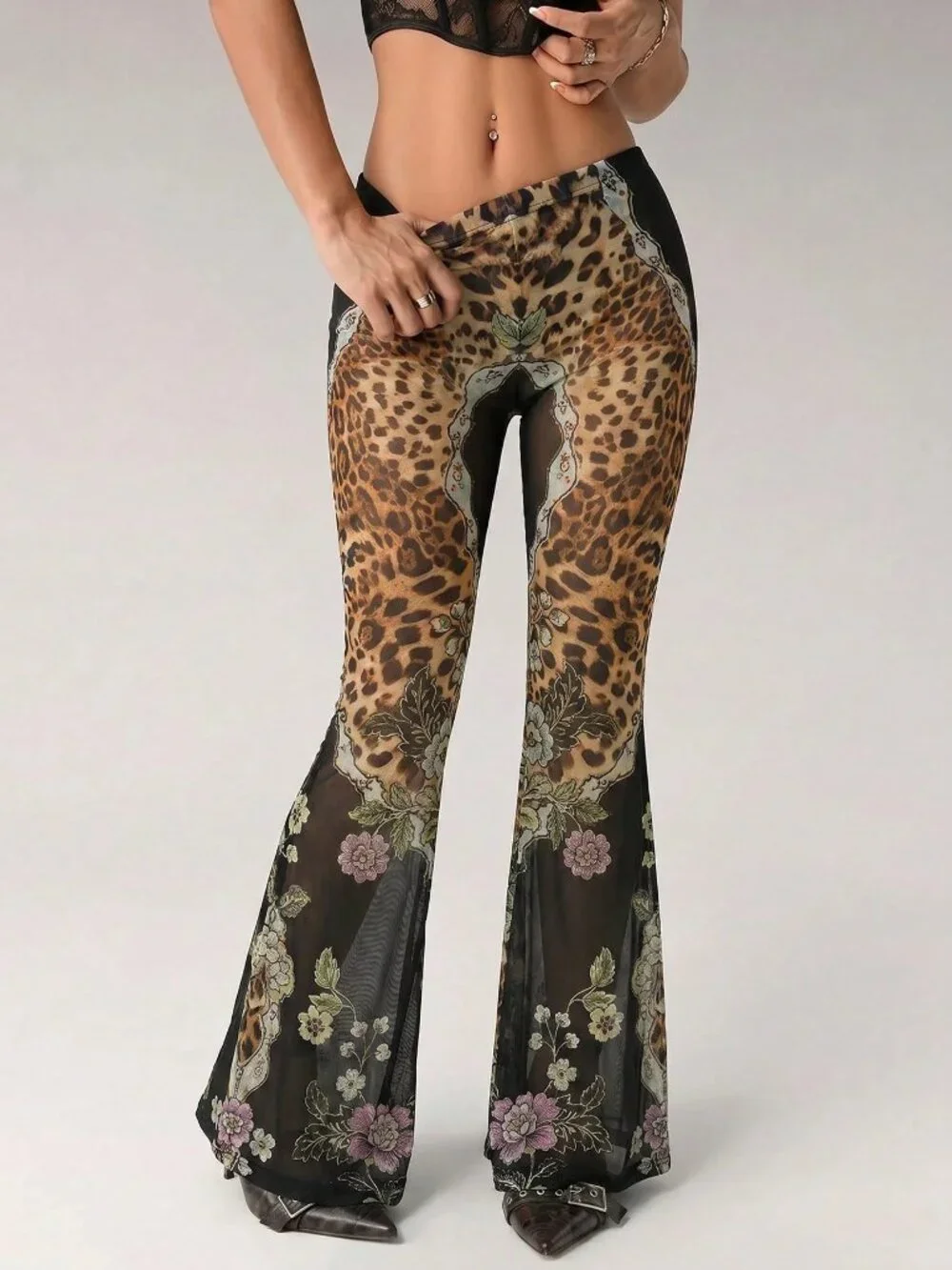 Brown Casual Women's Leopard Print Flared Leg Pants